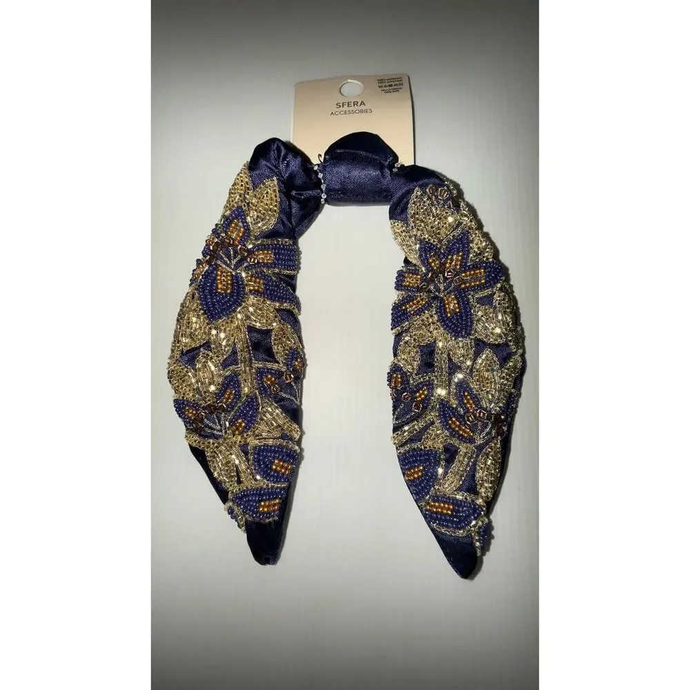 Headband Embellished Beaded Floral Knot  – Navy Blue & Gold
